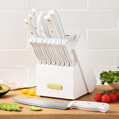 ® Knife Sets, German Stainless Steel Kitchen Knife Block Sets with Built-in Sharpener, 15 Piece Chef Knife and More, Razor Sharp, Restaurant Grade, Anti-Rust, Elegant Box for Gift