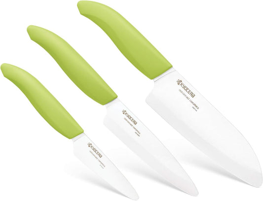 3Piece Advanced ceramic Revolution Series Knife Set, green | Revolution 3-Piece Ceramic Knife Set: 5.5" Santoku, 4.5" Utility, 3" Paring Knives – Ultra-Sharp Zirconia Blades