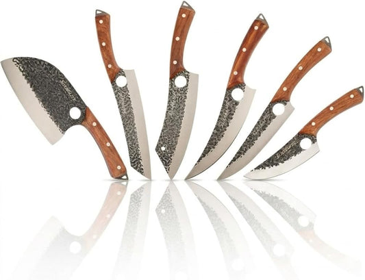 Hand-Forged Professional Butcher Knife (6 PC SET WITH AFRICAN PEAR WOOD HANDLES)