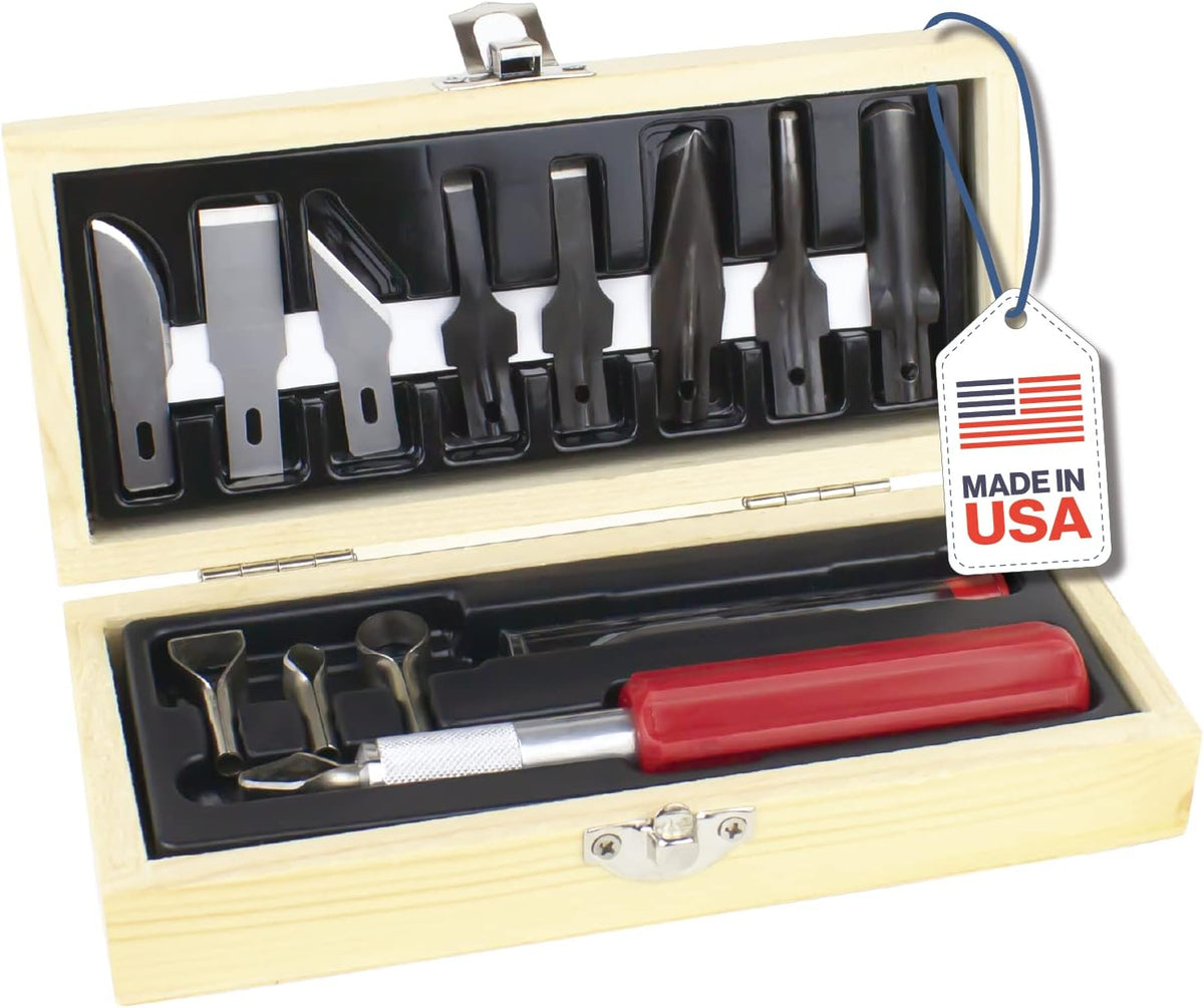 14-Piece Woodworking Set – Precision Craft Knife Set with K5 Handle, Assorted Blades, Gouges & Routers With Storage Case – Ideal for Carving, Model Making & Craft – Made in the USA