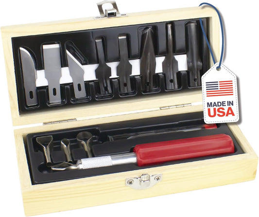 14-Piece Woodworking Set – Precision Craft Knife Set with K5 Handle, Assorted Blades, Gouges & Routers With Storage Case – Ideal for Carving, Model Making & Craft – Made in the USA