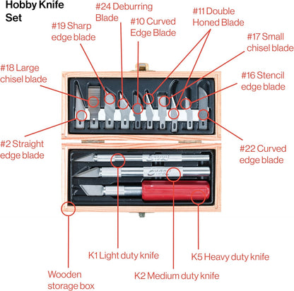 14-Piece Woodworking Set – Precision Craft Knife Set with K5 Handle, Assorted Blades, Gouges & Routers With Storage Case – Ideal for Carving, Model Making & Craft – Made in the USA