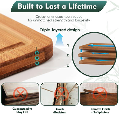 Wood Cutting Board Carbonized Bamboo Set With Smooth Surface Set 4 Packs with Non Slip Feet Holder and Over Sink Solid Thick Durable Wood Charcuterie Cheese Serving Tray Kitchen Gadgets (Carbonized)