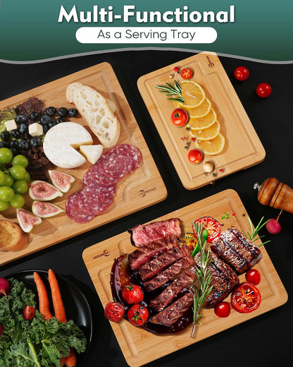 Wood Cutting Board Carbonized Bamboo Set With Smooth Surface Set 4 Packs with Non Slip Feet Holder and Over Sink Solid Thick Durable Wood Charcuterie Cheese Serving Tray Kitchen Gadgets (Carbonized)