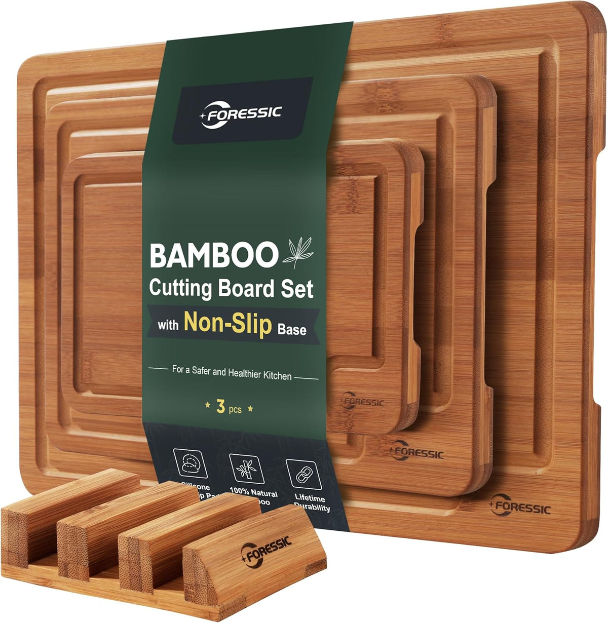 Wood Cutting Board Carbonized Bamboo Set With Smooth Surface Set 4 Packs with Non Slip Feet Holder and Over Sink Solid Thick Durable Wood Charcuterie Cheese Serving Tray Kitchen Gadgets (Carbonized)