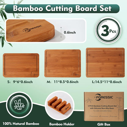 Wood Cutting Board Carbonized Bamboo Set With Smooth Surface Set 4 Packs with Non Slip Feet Holder and Over Sink Solid Thick Durable Wood Charcuterie Cheese Serving Tray Kitchen Gadgets (Carbonized)