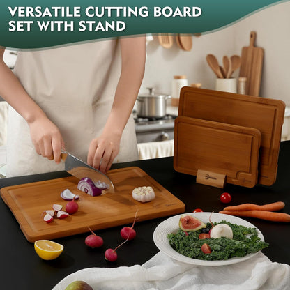 Wood Cutting Board Carbonized Bamboo Set With Smooth Surface Set 4 Packs with Non Slip Feet Holder and Over Sink Solid Thick Durable Wood Charcuterie Cheese Serving Tray Kitchen Gadgets (Carbonized)