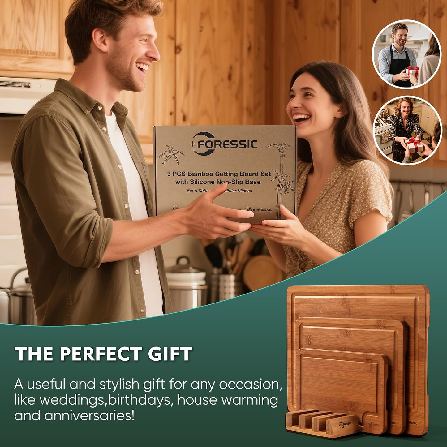 Wood Cutting Board Carbonized Bamboo Set With Smooth Surface Set 4 Packs with Non Slip Feet Holder and Over Sink Solid Thick Durable Wood Charcuterie Cheese Serving Tray Kitchen Gadgets (Carbonized)