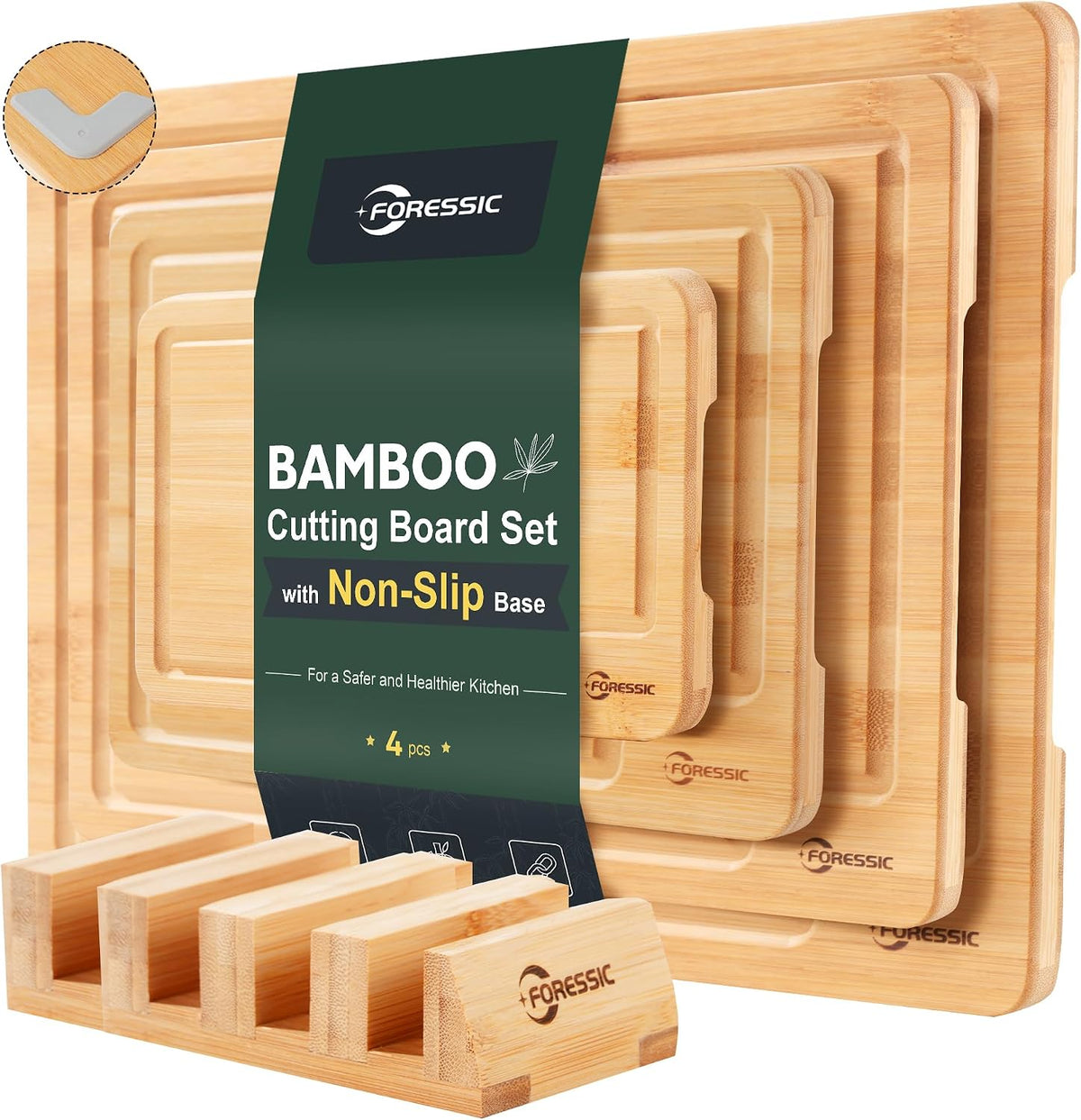 Wood Cutting Board Carbonized Bamboo Set With Smooth Surface Set 4 Packs with Non Slip Feet Holder and Over Sink Solid Thick Durable Wood Charcuterie Cheese Serving Tray Kitchen Gadgets (Carbonized)