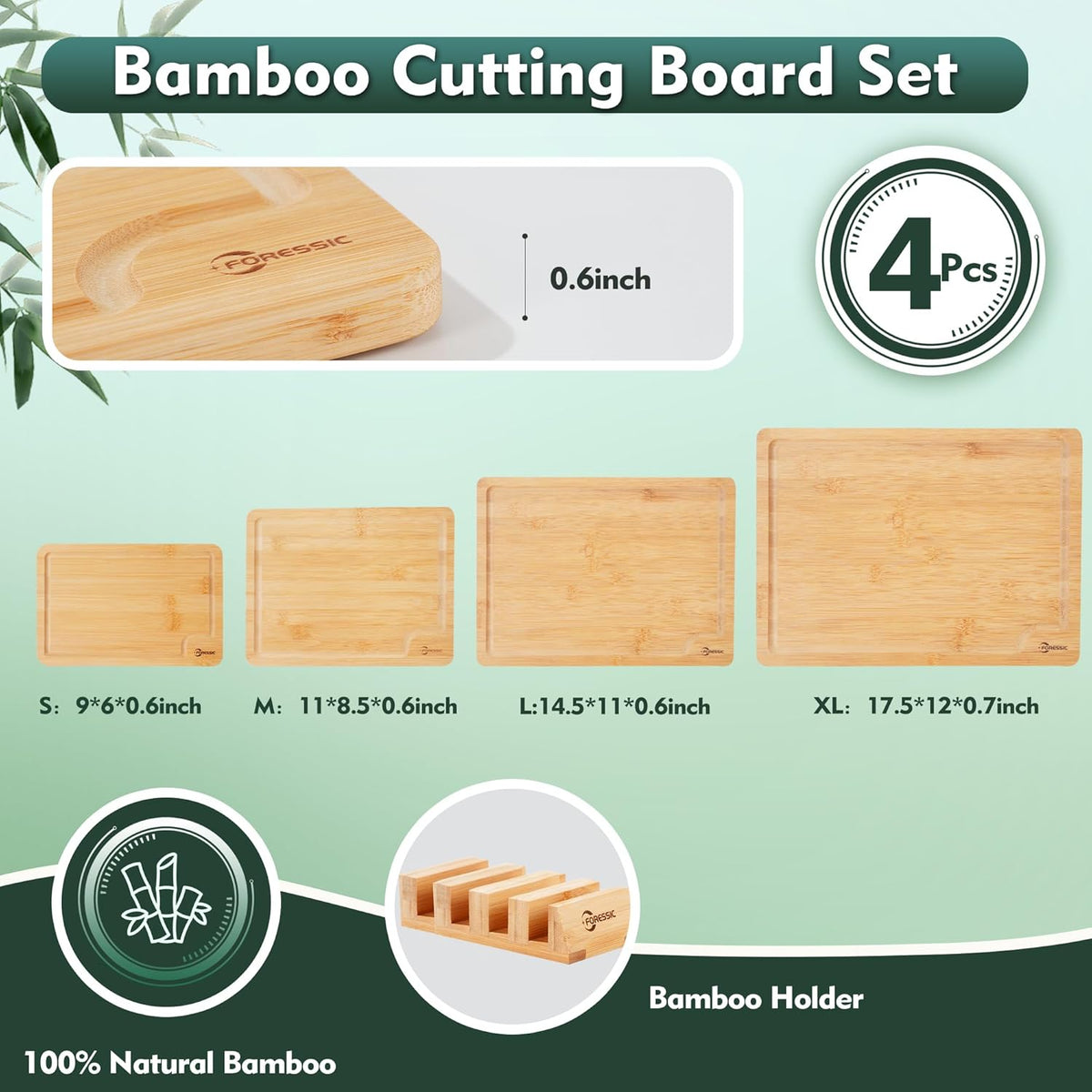 Wood Cutting Board Carbonized Bamboo Set With Smooth Surface Set 4 Packs with Non Slip Feet Holder and Over Sink Solid Thick Durable Wood Charcuterie Cheese Serving Tray Kitchen Gadgets (Carbonized)