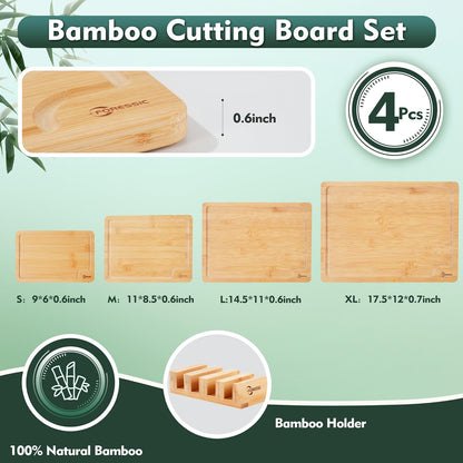 Wood Cutting Board Carbonized Bamboo Set With Smooth Surface Set 4 Packs with Non Slip Feet Holder and Over Sink Solid Thick Durable Wood Charcuterie Cheese Serving Tray Kitchen Gadgets (Carbonized)