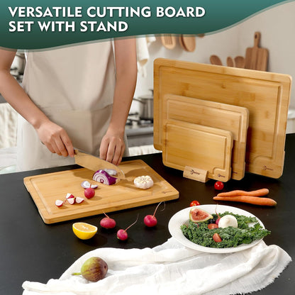 Wood Cutting Board Carbonized Bamboo Set With Smooth Surface Set 4 Packs with Non Slip Feet Holder and Over Sink Solid Thick Durable Wood Charcuterie Cheese Serving Tray Kitchen Gadgets (Carbonized)