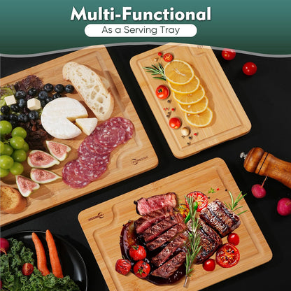 Wood Cutting Board Carbonized Bamboo Set With Smooth Surface Set 4 Packs with Non Slip Feet Holder and Over Sink Solid Thick Durable Wood Charcuterie Cheese Serving Tray Kitchen Gadgets (Carbonized)