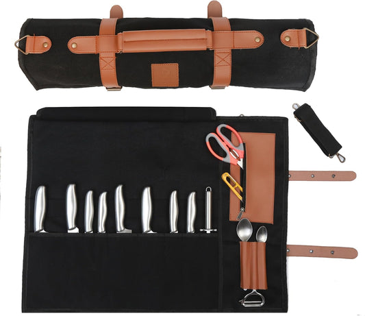Chef Knife Roll Bag 9 Knife Slots - Durable Water-Resistant Canvas Knife Carrying Case Adjustable Leather Shoulder Strap & Handle - Fits 12” Knives & Honing Steel -Culinary Travel-Friendly