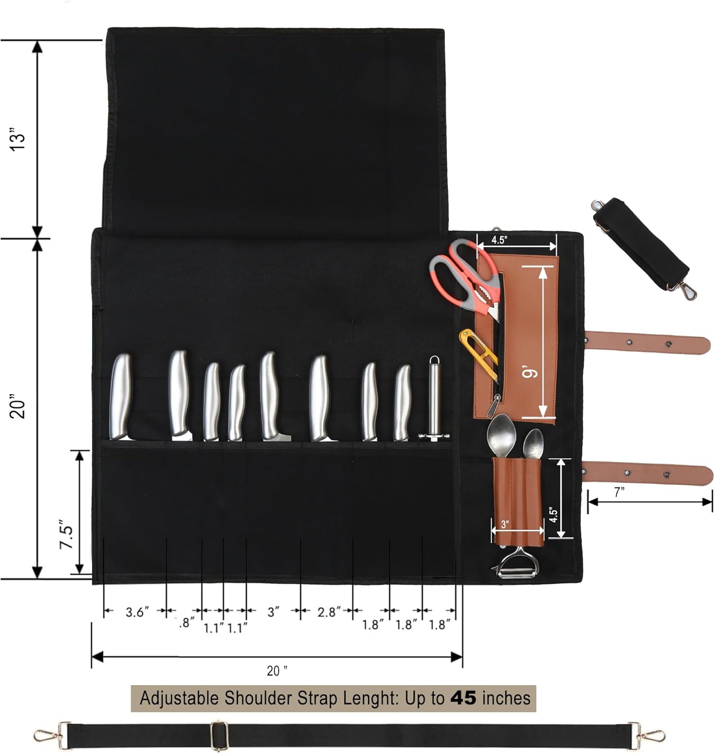 Chef Knife Roll Bag 9 Knife Slots - Durable Water-Resistant Canvas Knife Carrying Case Adjustable Leather Shoulder Strap & Handle - Fits 12” Knives & Honing Steel -Culinary Travel-Friendly