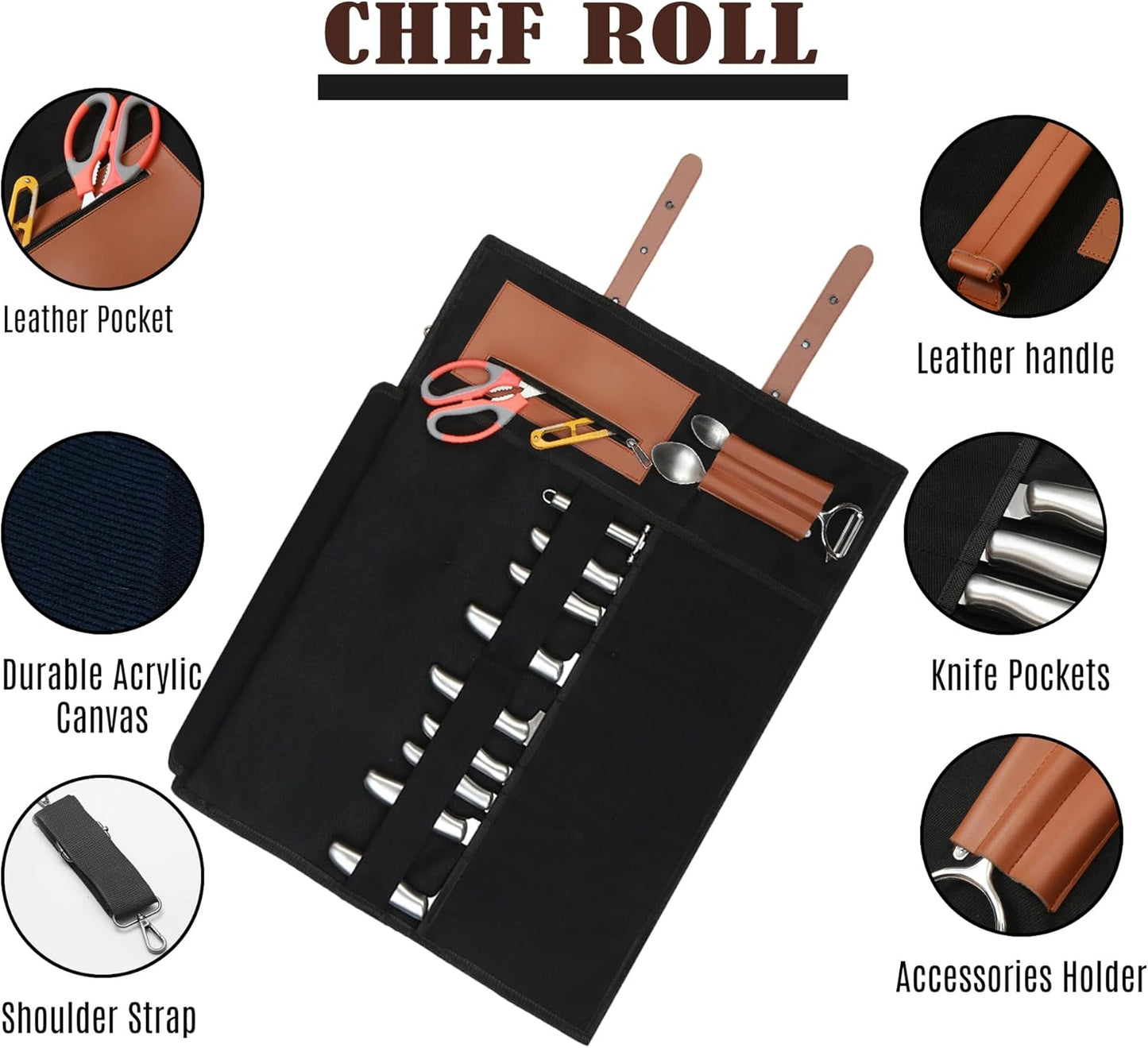 Chef Knife Roll Bag 9 Knife Slots - Durable Water-Resistant Canvas Knife Carrying Case Adjustable Leather Shoulder Strap & Handle - Fits 12” Knives & Honing Steel -Culinary Travel-Friendly