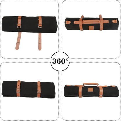 Chef Knife Roll Bag 9 Knife Slots - Durable Water-Resistant Canvas Knife Carrying Case Adjustable Leather Shoulder Strap & Handle - Fits 12” Knives & Honing Steel -Culinary Travel-Friendly