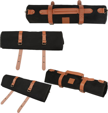 Chef Knife Roll Bag 9 Knife Slots - Durable Water-Resistant Canvas Knife Carrying Case Adjustable Leather Shoulder Strap & Handle - Fits 12” Knives & Honing Steel -Culinary Travel-Friendly