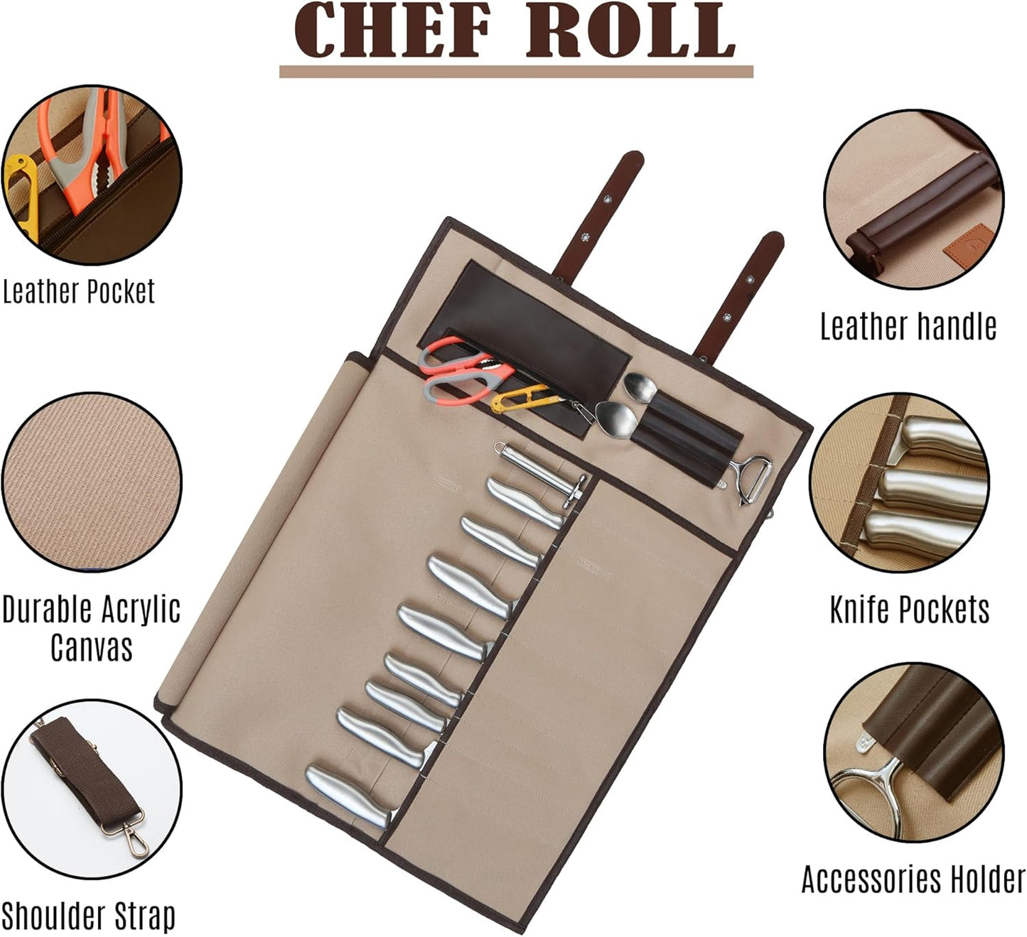 Chef Knife Roll Bag 9 Knife Slots - Durable Water-Resistant Canvas Knife Carrying Case Adjustable Leather Shoulder Strap & Handle - Fits 12” Knives & Honing Steel -Culinary Travel-Friendly
