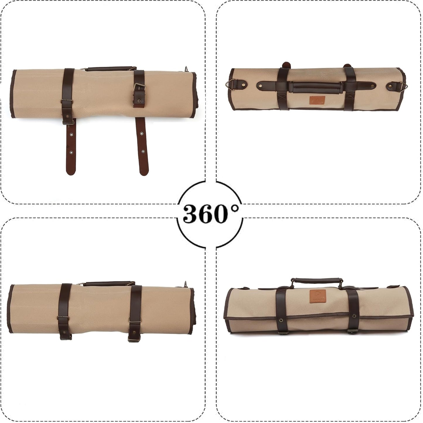 Chef Knife Roll Bag 9 Knife Slots - Durable Water-Resistant Canvas Knife Carrying Case Adjustable Leather Shoulder Strap & Handle - Fits 12” Knives & Honing Steel -Culinary Travel-Friendly