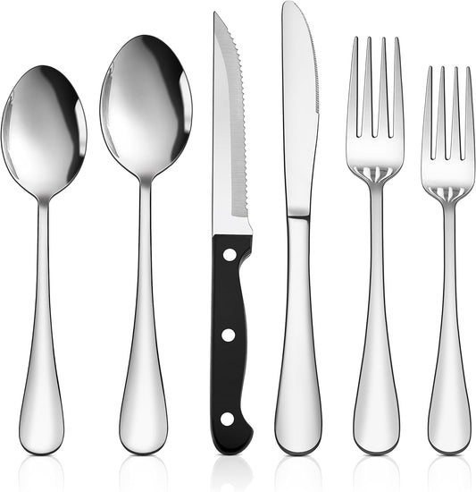 48-Piece Silverware Set with Steak Knives, Stainless Steel Flatware Set for 8, Mirror Polished Cutlery Tableware Set, Eating Utensils Include Knife Fork Spoon for Home Kitchen, Dishwasher Safe
