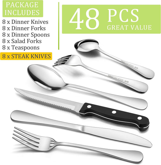48-Piece Silverware Set with Steak Knives, Stainless Steel Flatware Set for 8, Mirror Polished Cutlery Tableware Set, Eating Utensils Include Knife Fork Spoon for Home Kitchen, Dishwasher Safe