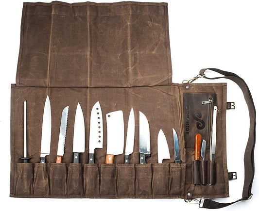 Waxed Canvas and Leather Chef Knife Roll Bag – Chef Bag Holds 10 Knives up to 15” PLUS Pocket for Cooking Accessories – Durable Knife Case for Professional Chefs – Knives Not Included