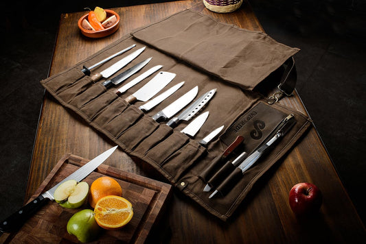 Waxed Canvas and Leather Chef Knife Roll Bag – Chef Bag Holds 10 Knives up to 15” PLUS Pocket for Cooking Accessories – Durable Knife Case for Professional Chefs – Knives Not Included