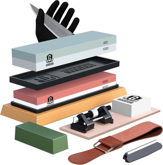4-Grit Whetstone Knife Sharpener Set 400/1000 3000/8000 Water Stone | Complete Sharpening Kit with Bamboo Base, Leather Strop & Gloves