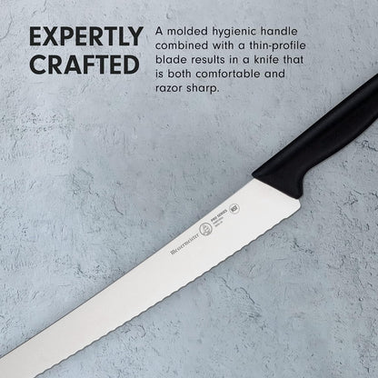 Pro Series 10” Scalloped Round-Tip Bread Knife - German X50 Stainless Steel & NSF-Approved PolyFibre Handle - 15-Degree Edge, Rust Resistant & Easy to Maintain - Made in Portugal