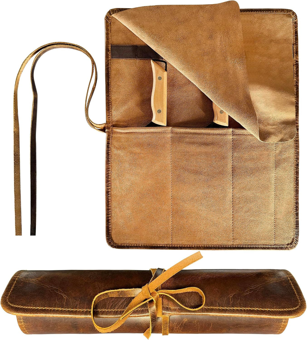 Leather Knife Roll Bag - 4 Slots Chef Carrying Case, Culinary Organizer | 18 x 14 Inches, Full Grain Knife Wrap, Fits 8-Inch Chef & Paring Knives, Suede Flap, 7 Tool Loops, Drawstring Closure, Brown