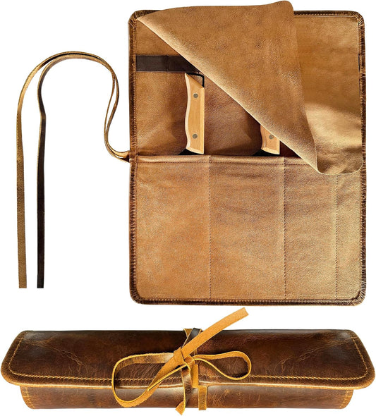 Leather Knife Roll Bag - 4 Slots Chef Carrying Case, Culinary Organizer | 18 x 14 Inches, Full Grain Knife Wrap, Fits 8-Inch Chef & Paring Knives, Suede Flap, 7 Tool Loops, Drawstring Closure, Brown