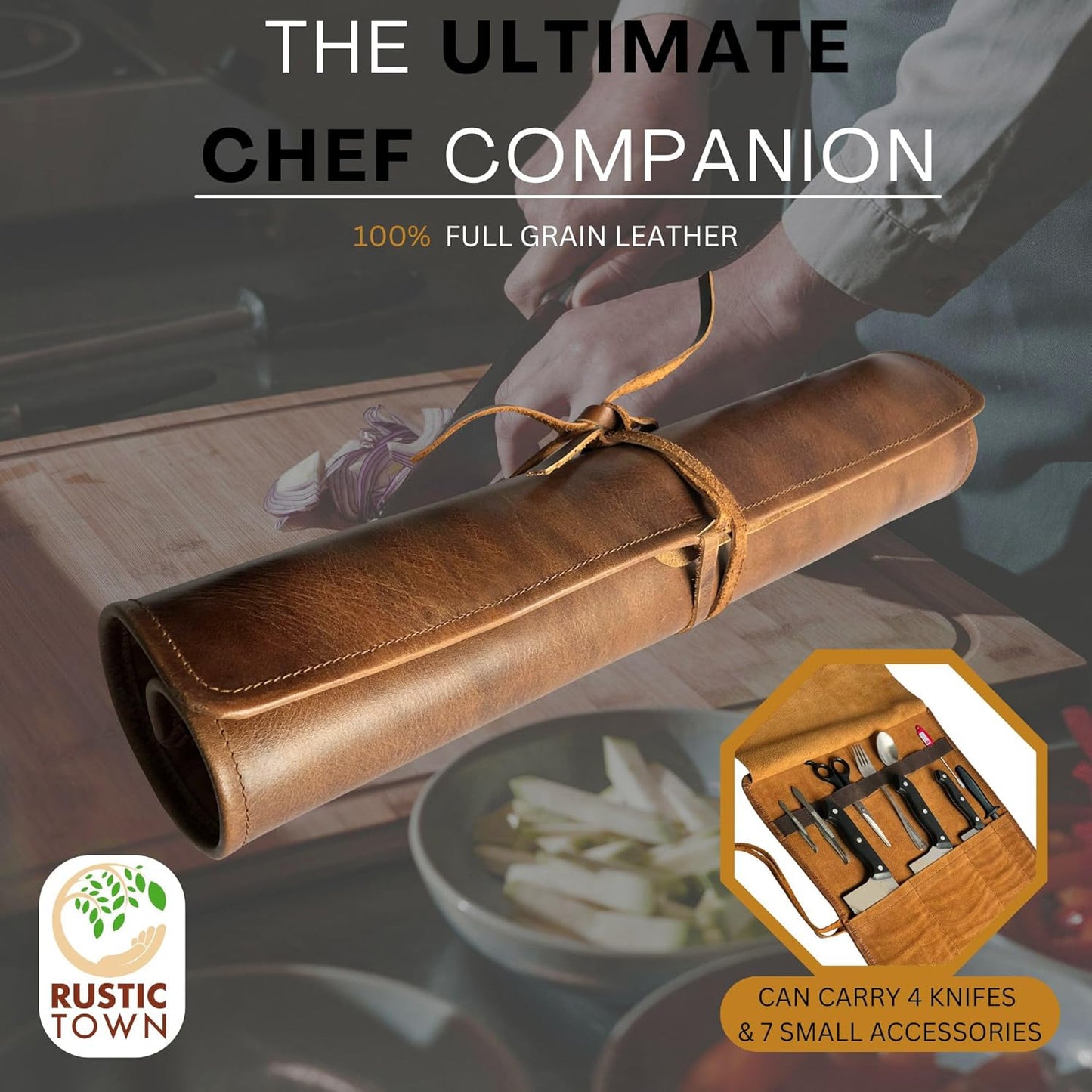 Leather Knife Roll Bag - 4 Slots Chef Carrying Case, Culinary Organizer | 18 x 14 Inches, Full Grain Knife Wrap, Fits 8-Inch Chef & Paring Knives, Suede Flap, 7 Tool Loops, Drawstring Closure, Brown
