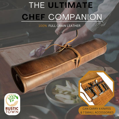 Leather Knife Roll Bag - 4 Slots Chef Carrying Case, Culinary Organizer | 18 x 14 Inches, Full Grain Knife Wrap, Fits 8-Inch Chef & Paring Knives, Suede Flap, 7 Tool Loops, Drawstring Closure, Brown