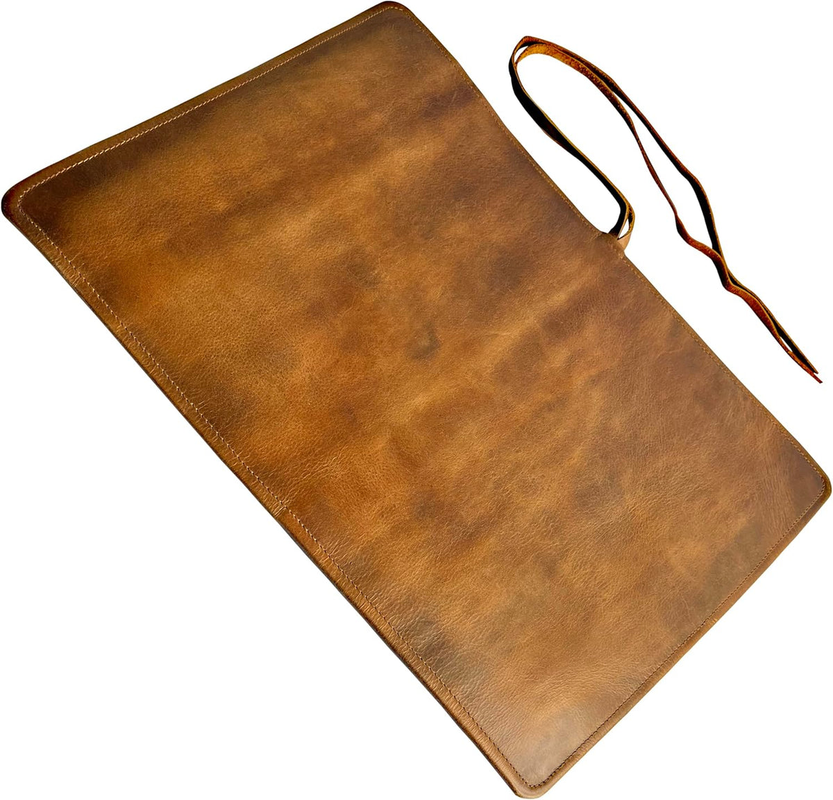 Leather Knife Roll Bag - 4 Slots Chef Carrying Case, Culinary Organizer | 18 x 14 Inches, Full Grain Knife Wrap, Fits 8-Inch Chef & Paring Knives, Suede Flap, 7 Tool Loops, Drawstring Closure, Brown