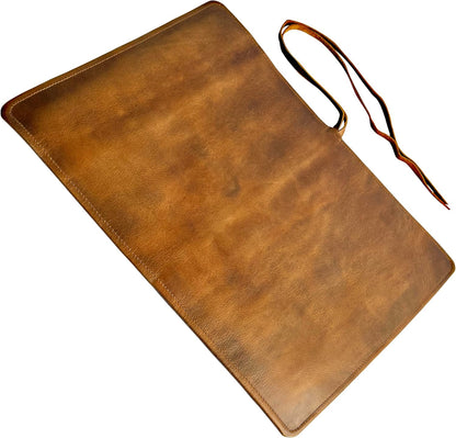 Leather Knife Roll Bag - 4 Slots Chef Carrying Case, Culinary Organizer | 18 x 14 Inches, Full Grain Knife Wrap, Fits 8-Inch Chef & Paring Knives, Suede Flap, 7 Tool Loops, Drawstring Closure, Brown