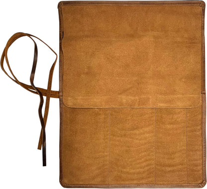 Leather Knife Roll Bag - 4 Slots Chef Carrying Case, Culinary Organizer | 18 x 14 Inches, Full Grain Knife Wrap, Fits 8-Inch Chef & Paring Knives, Suede Flap, 7 Tool Loops, Drawstring Closure, Brown