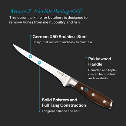 Avanta Forged 7” Flexible Boning Knife - German X50 Stainless Steel - Rust Resistant & Easy to Maintain