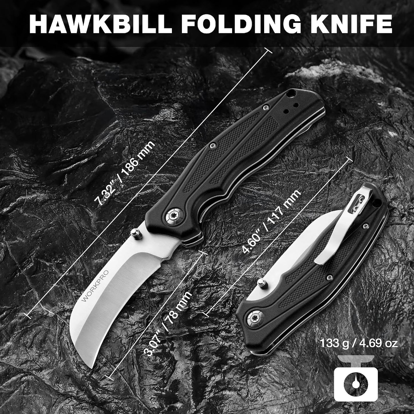 Pocket Knife, Hawkbill Folding Utility Knife | Electrician Knife with Lanyard Hole and Belt Clip for Cable Skinning and Carpet, Linoleum, Cardboard, Rope, Wire Cutting