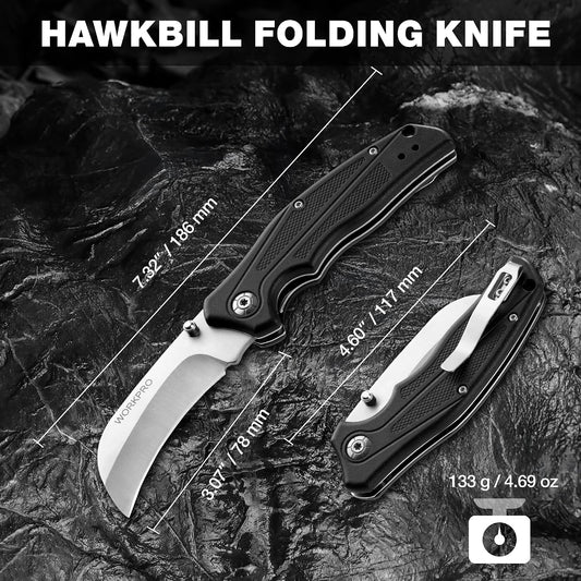 Pocket Knife, Hawkbill Folding Utility Knife | Electrician Knife with Lanyard Hole and Belt Clip for Cable Skinning and Carpet, Linoleum, Cardboard, Rope, Wire Cutting