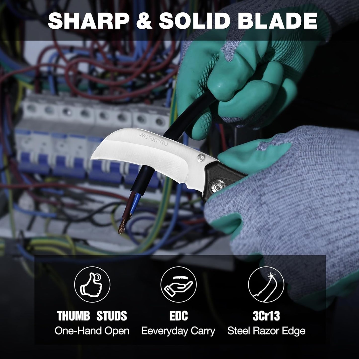 Pocket Knife, Hawkbill Folding Utility Knife | Electrician Knife with Lanyard Hole and Belt Clip for Cable Skinning and Carpet, Linoleum, Cardboard, Rope, Wire Cutting