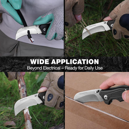 Pocket Knife, Hawkbill Folding Utility Knife | Electrician Knife with Lanyard Hole and Belt Clip for Cable Skinning and Carpet, Linoleum, Cardboard, Rope, Wire Cutting