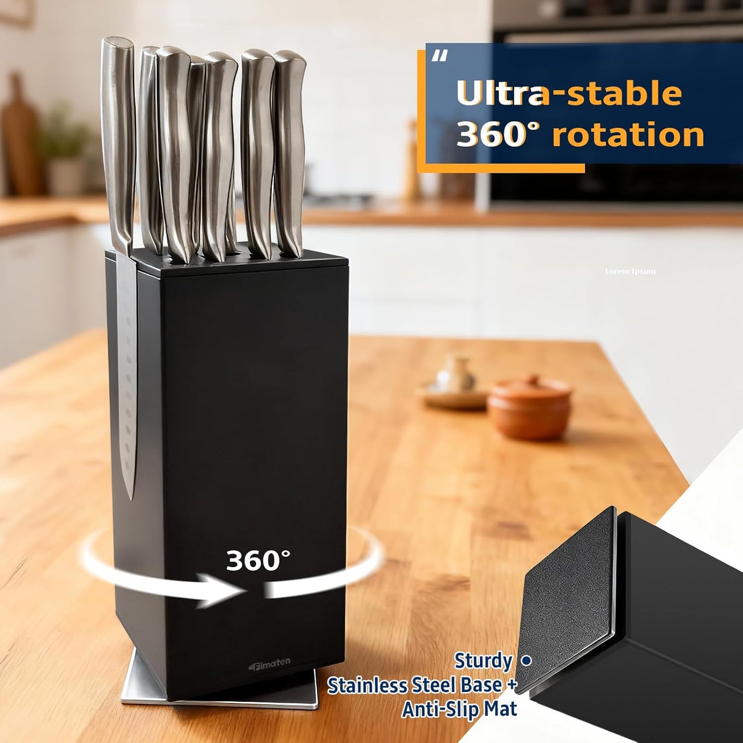 Magnetic Knife Block 360° rotatable, Stainless Steel Magnetic Knife Block Without Knives Black, Magnetic Knife Holder Stand for Kitchen & Utensils - Universal Knife Holder for Knives & Tools