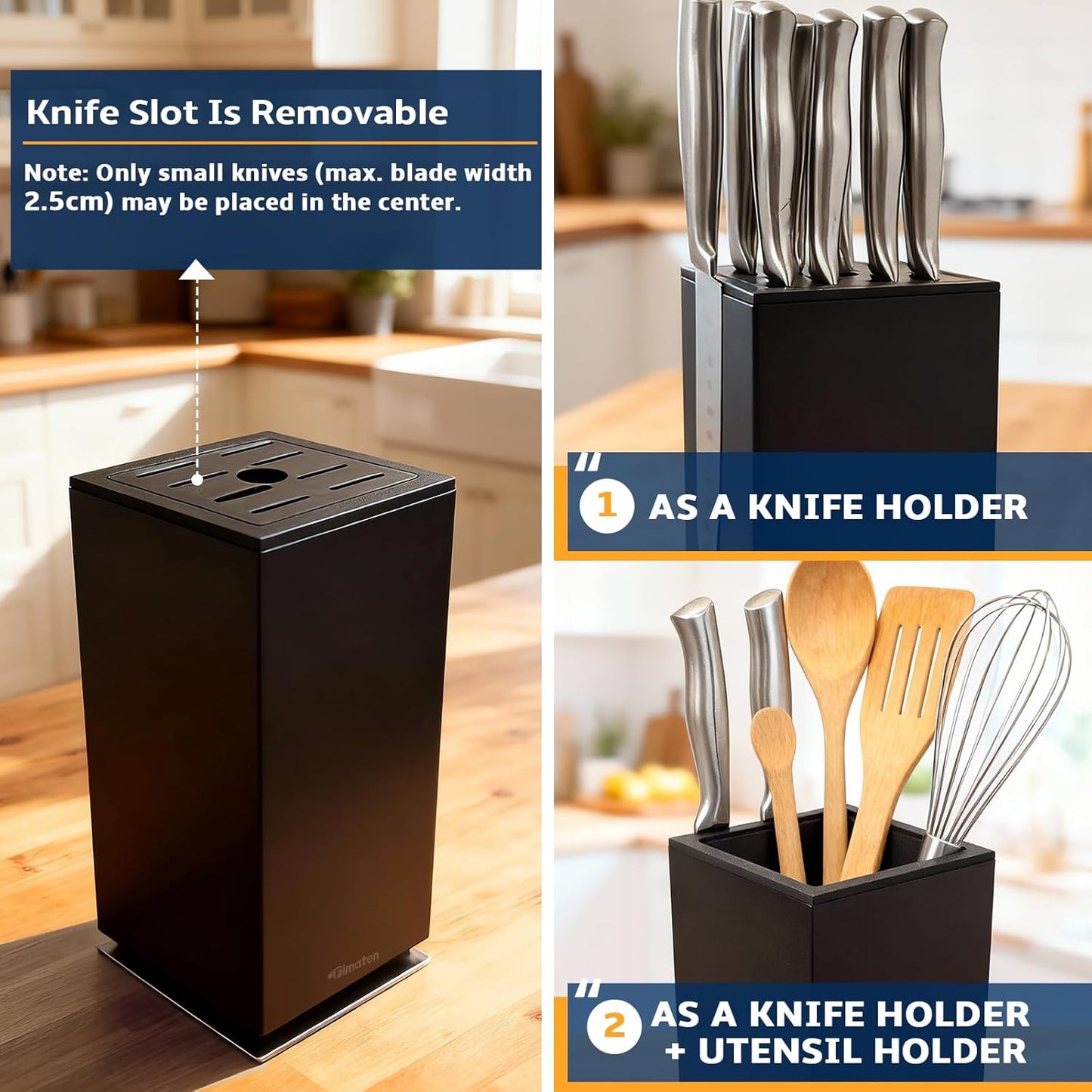 Magnetic Knife Block 360° rotatable, Stainless Steel Magnetic Knife Block Without Knives Black, Magnetic Knife Holder Stand for Kitchen & Utensils - Universal Knife Holder for Knives & Tools