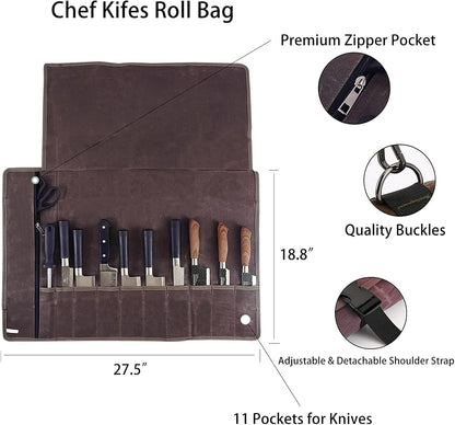 Chef’s Knife Roll Bag,Waxed Canvas Knife Cultery Carrier, Portable Chef Knife Cases,Knife Pouch Holders With 10 Slots Plus 1 Zipper Pockets Can Hold Home Kitchen Knife Tools Up To 18.8”