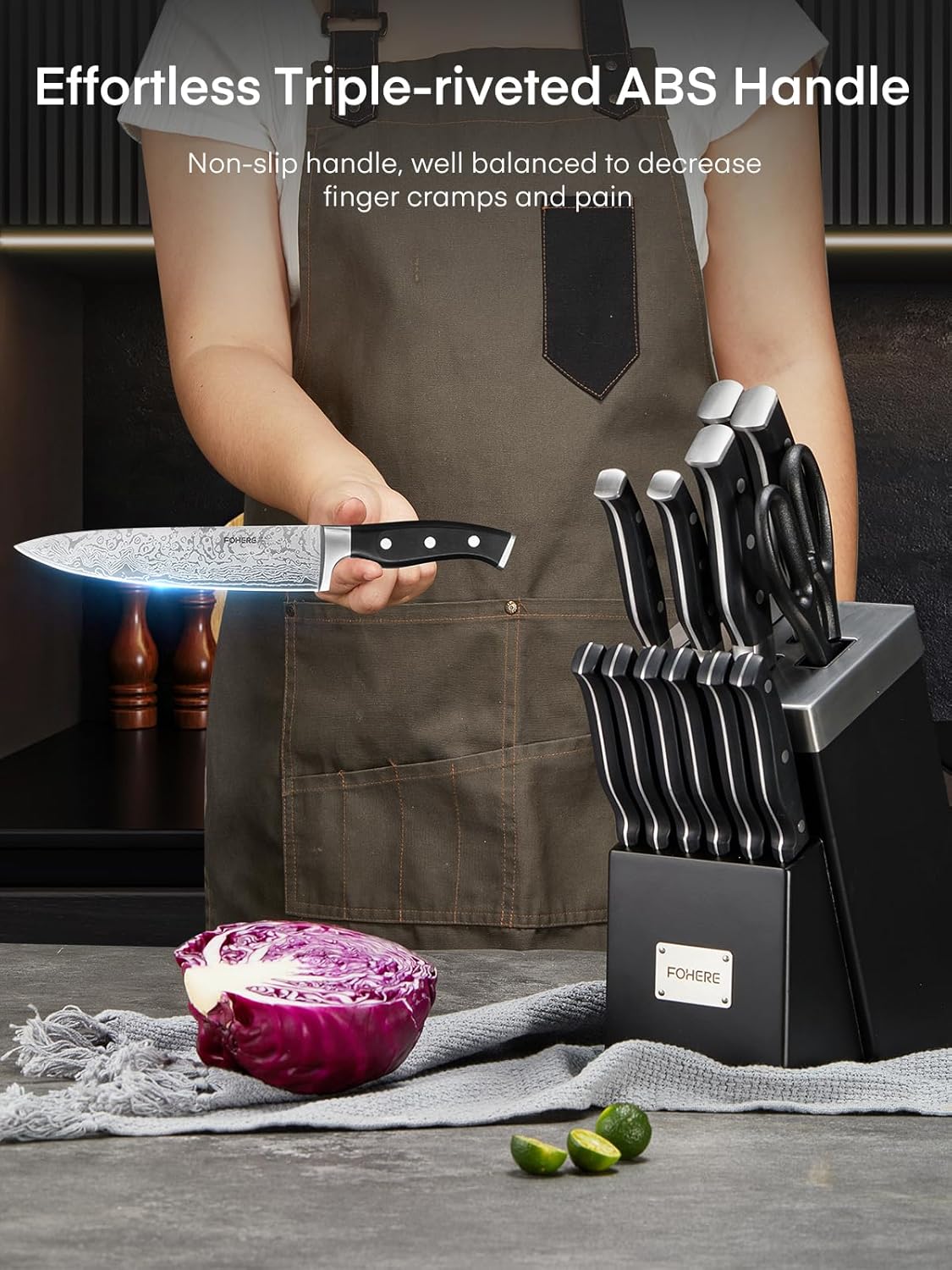 Knife Set, FOHERE 14 Pieces Self Sharpening Knife Block Set, High Carbon Stainless Steel Waved Pattern Knife Set with Block, Rust & Stain Resistant Kitchen Knives and Triple Riveted Handle, Black