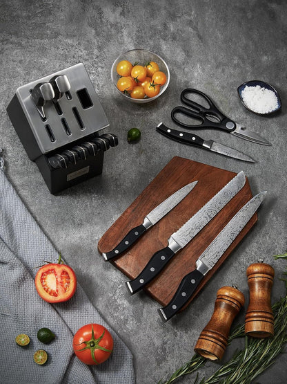 Knife Set, FOHERE 14 Pieces Self Sharpening Knife Block Set, High Carbon Stainless Steel Waved Pattern Knife Set with Block, Rust & Stain Resistant Kitchen Knives and Triple Riveted Handle, Black