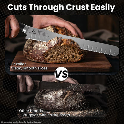 Bread Knife for Homemade Bread, 10.6 Inch Multifunction Serrated Knife, Razor Sharp Slicer, High Carbon German Steel Bread Cutter, Ergonomic Handle for Sourdough Turkey Fruit Cutting, Gift