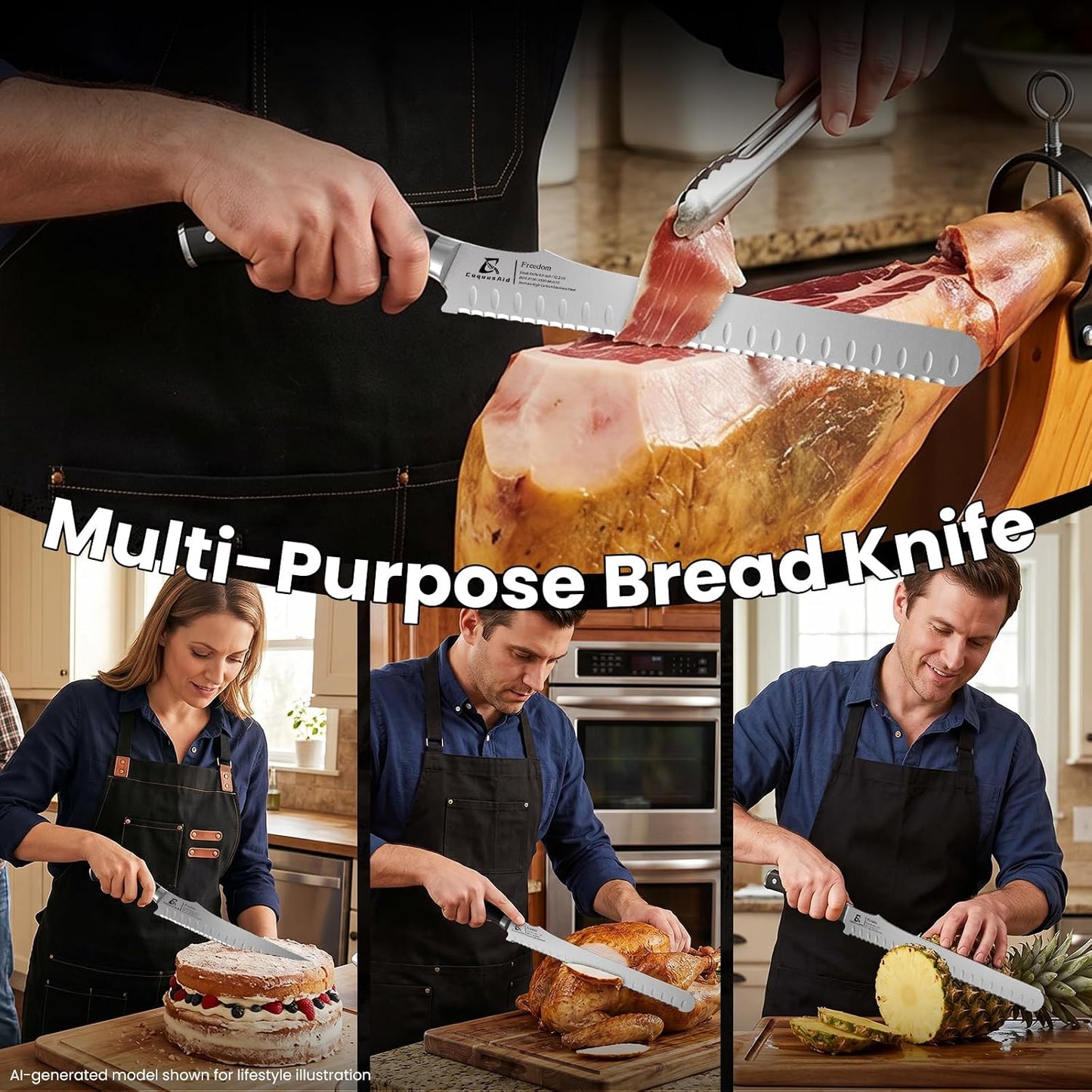 Bread Knife for Homemade Bread, 10.6 Inch Multifunction Serrated Knife, Razor Sharp Slicer, High Carbon German Steel Bread Cutter, Ergonomic Handle for Sourdough Turkey Fruit Cutting, Gift