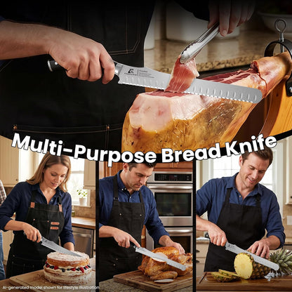 Bread Knife for Homemade Bread, 10.6 Inch Multifunction Serrated Knife, Razor Sharp Slicer, High Carbon German Steel Bread Cutter, Ergonomic Handle for Sourdough Turkey Fruit Cutting, Gift